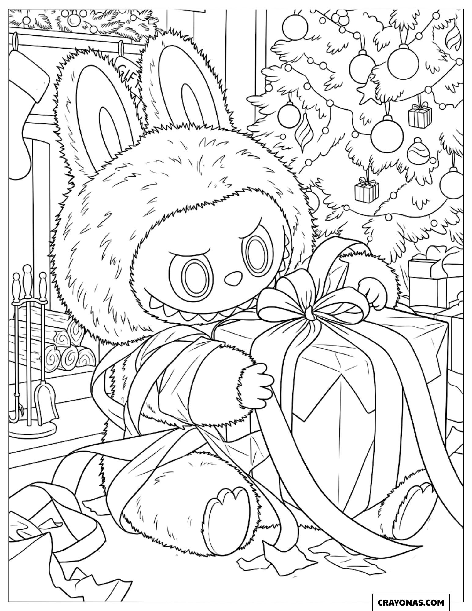 Labubu Wrapping a Present Coloring Sheet