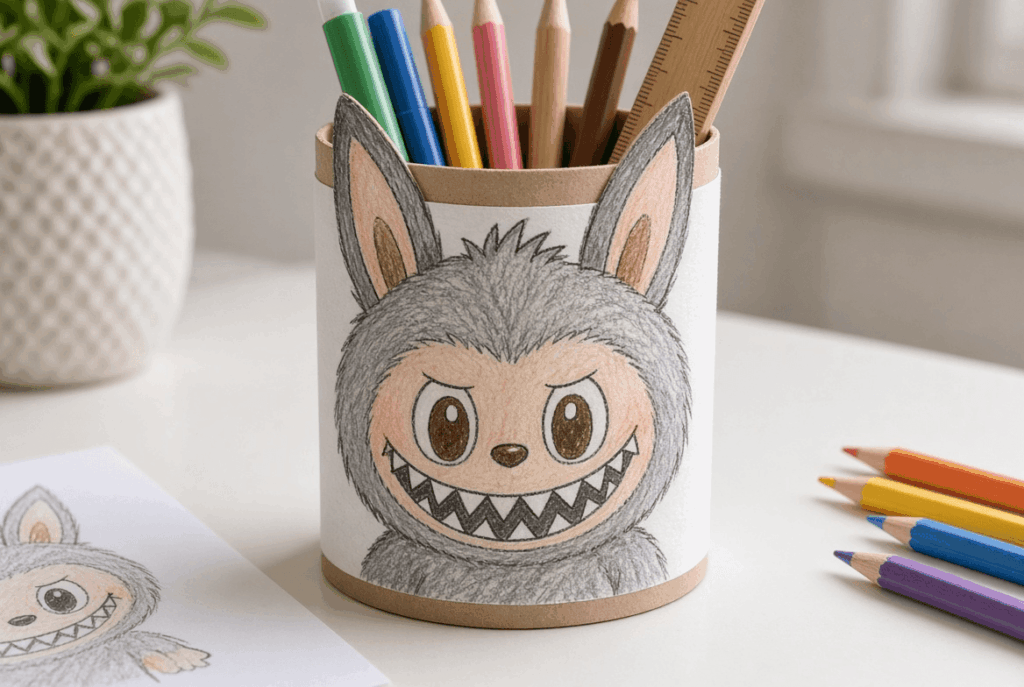 Recycled Labubu Pencil Holder Made from a Paper Roll