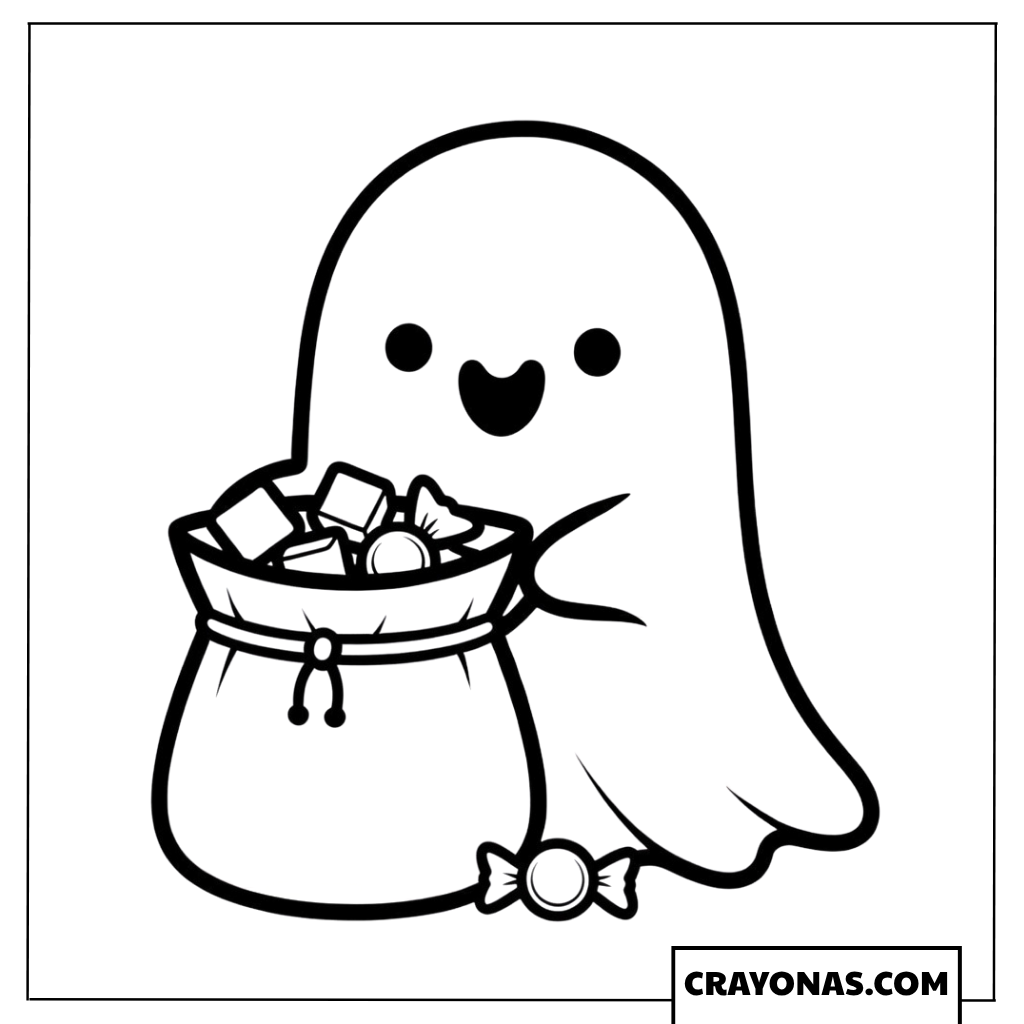 Friendly Ghost with Candy Bag Coloring Page