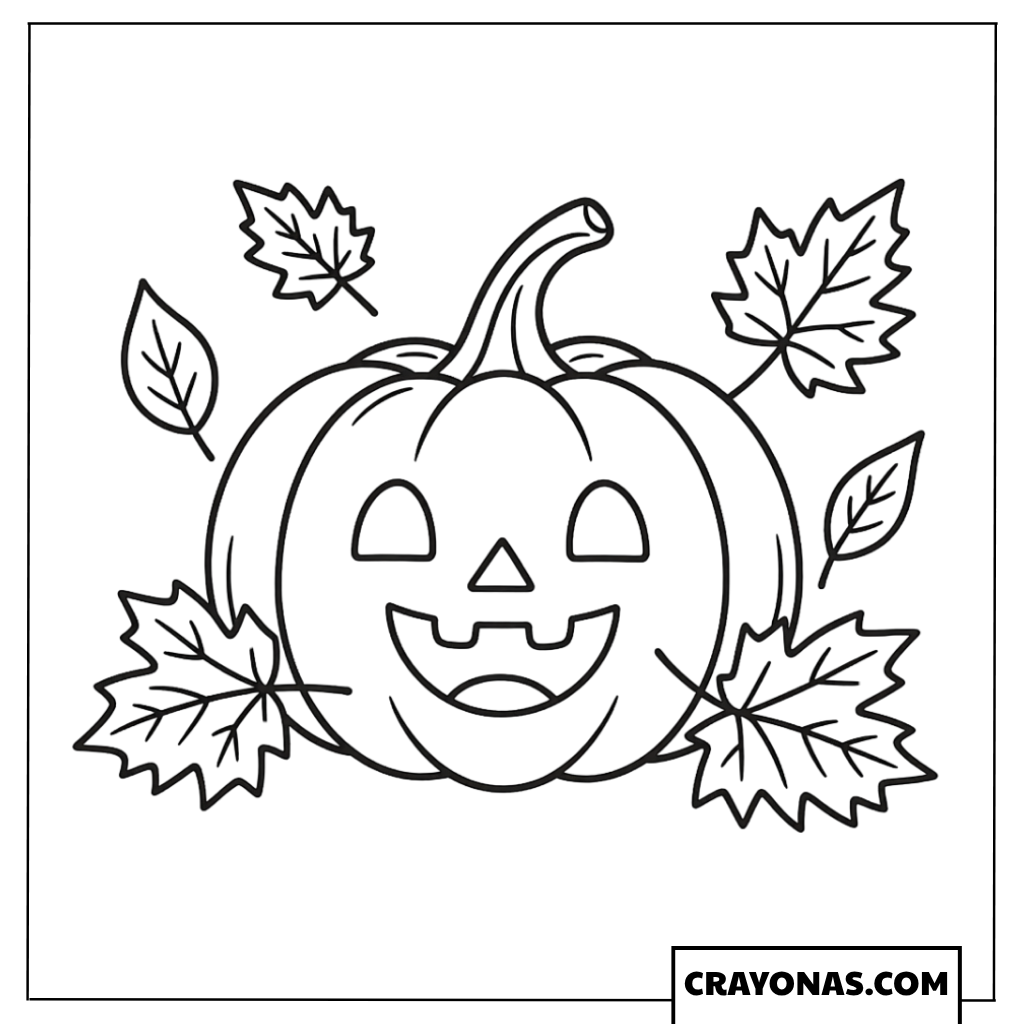 Jack-o'-Lantern Pumpkin with Autumn Leaves Coloring Page