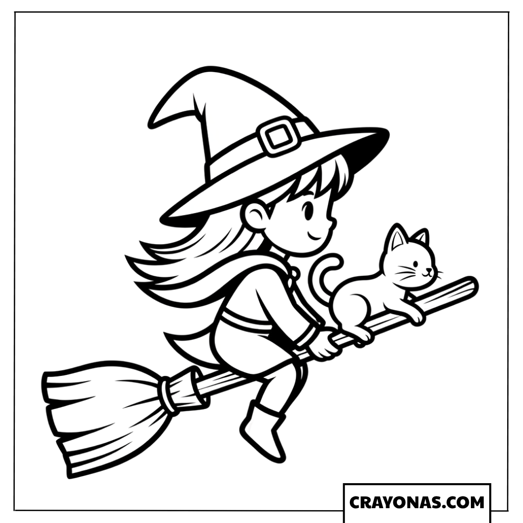 Flying Witch on Broomstick Coloring Page