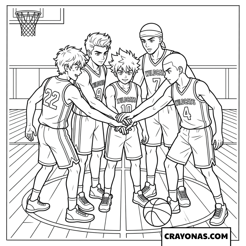 Anime Basketball Team Huddle Coloring Page