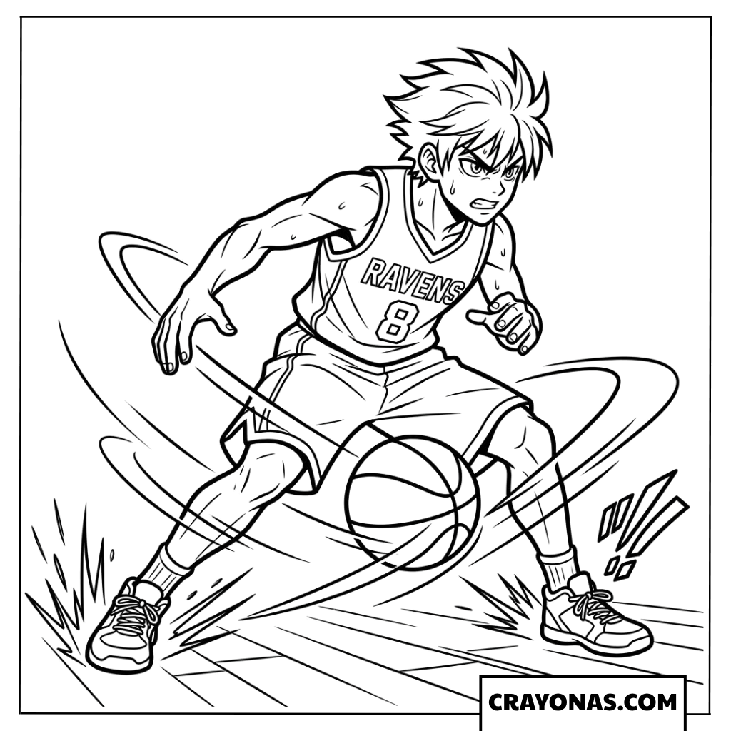 Anime Boy Dribbling Basketball Coloring Page