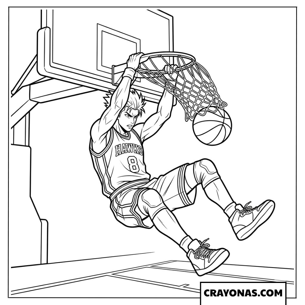 Anime Boy Dunking Basketball Coloring Page