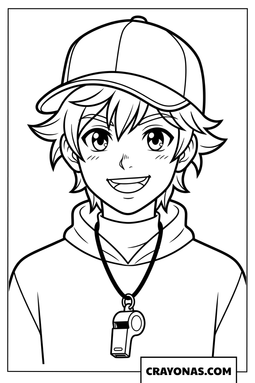Anime Boy Referee With Whistle Coloring Page
