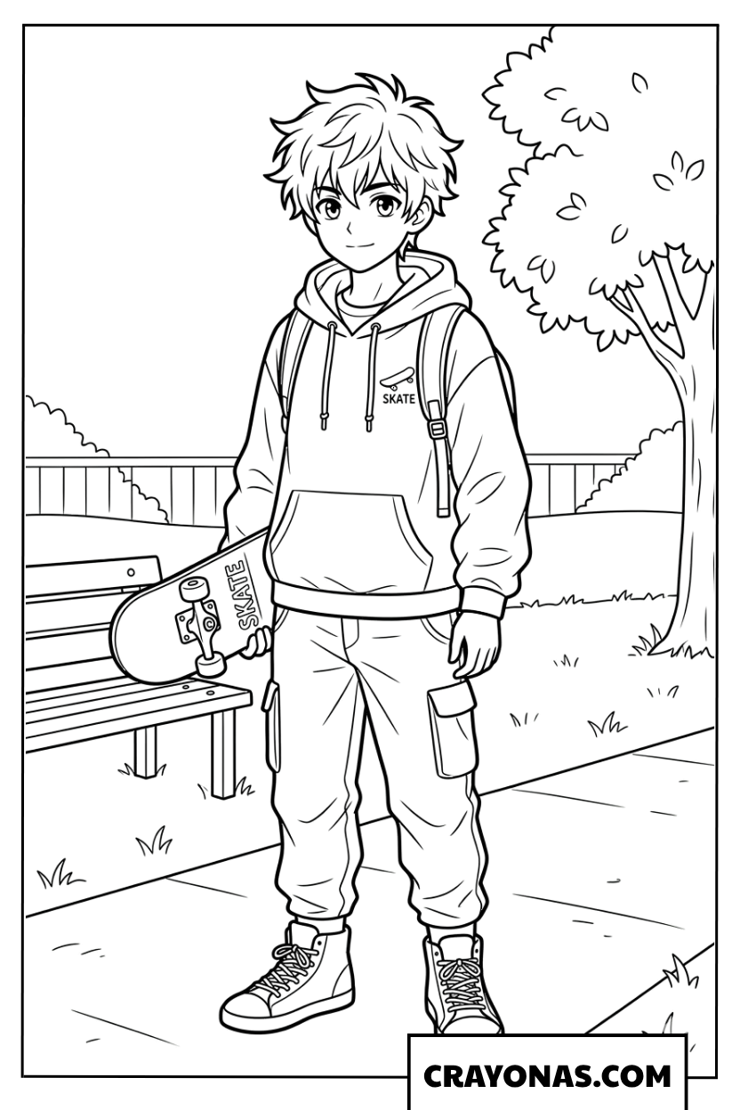 Anime Boy With Skateboard Coloring Page