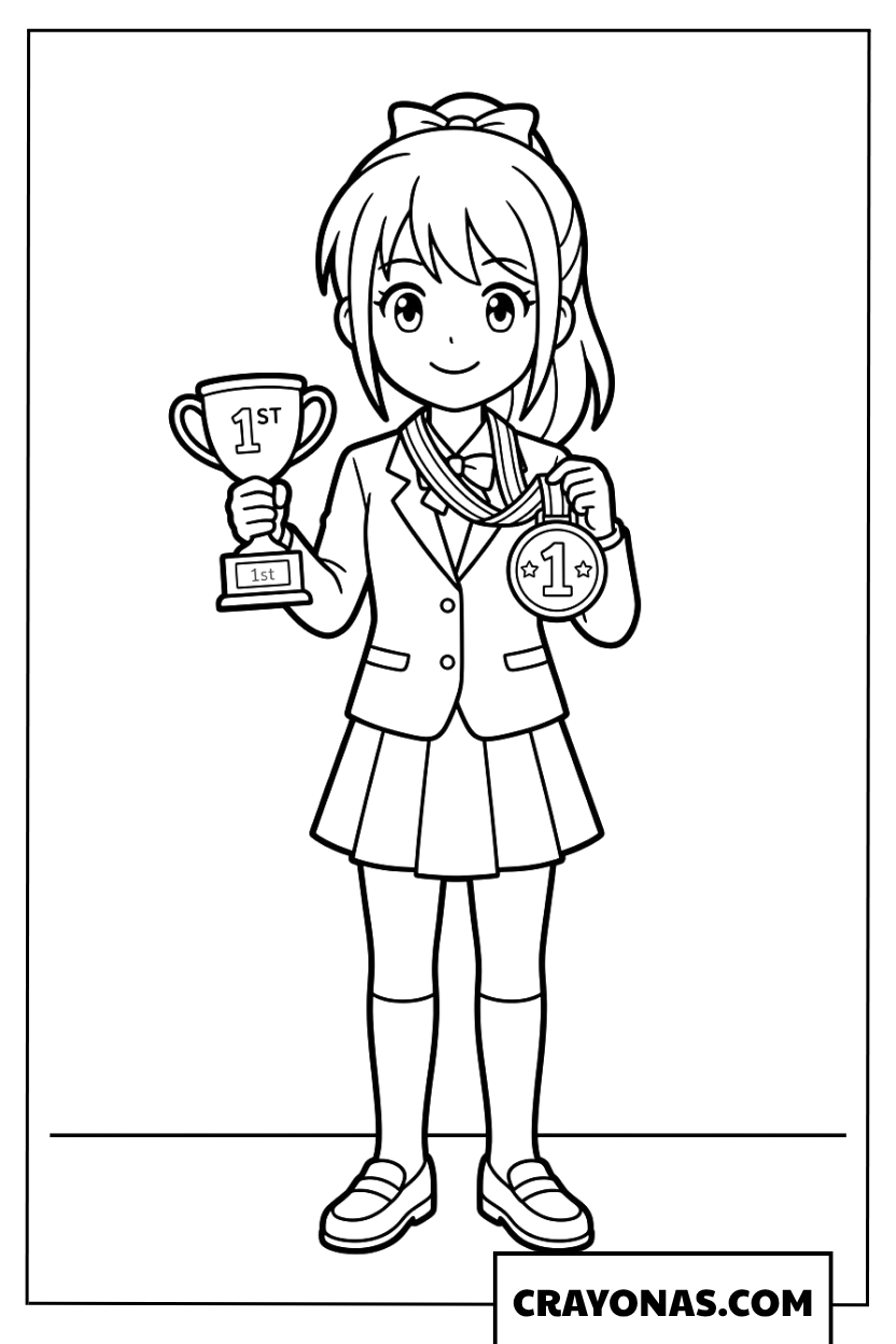Anime Girl Holding Trophy Coloring Page