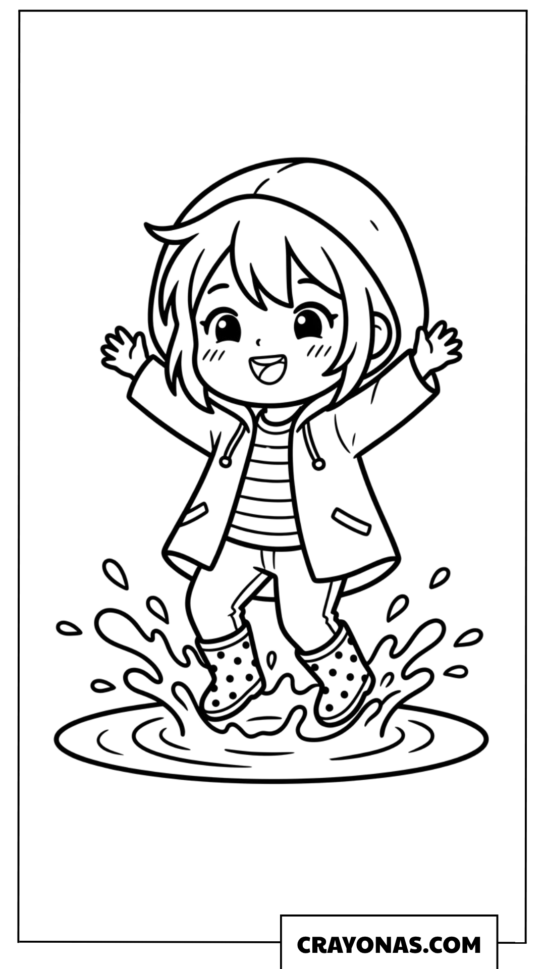 Anime Girl Jumping in Puddles Coloring Page