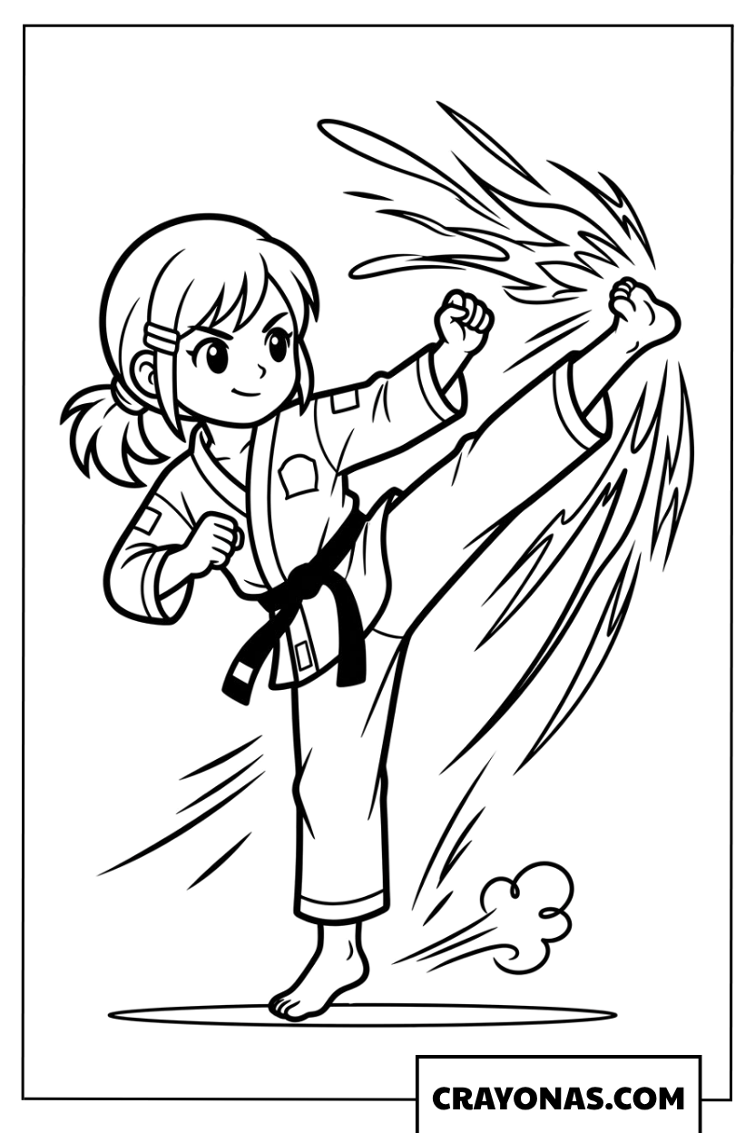 Anime Girl Karate High Kick Coloring Page