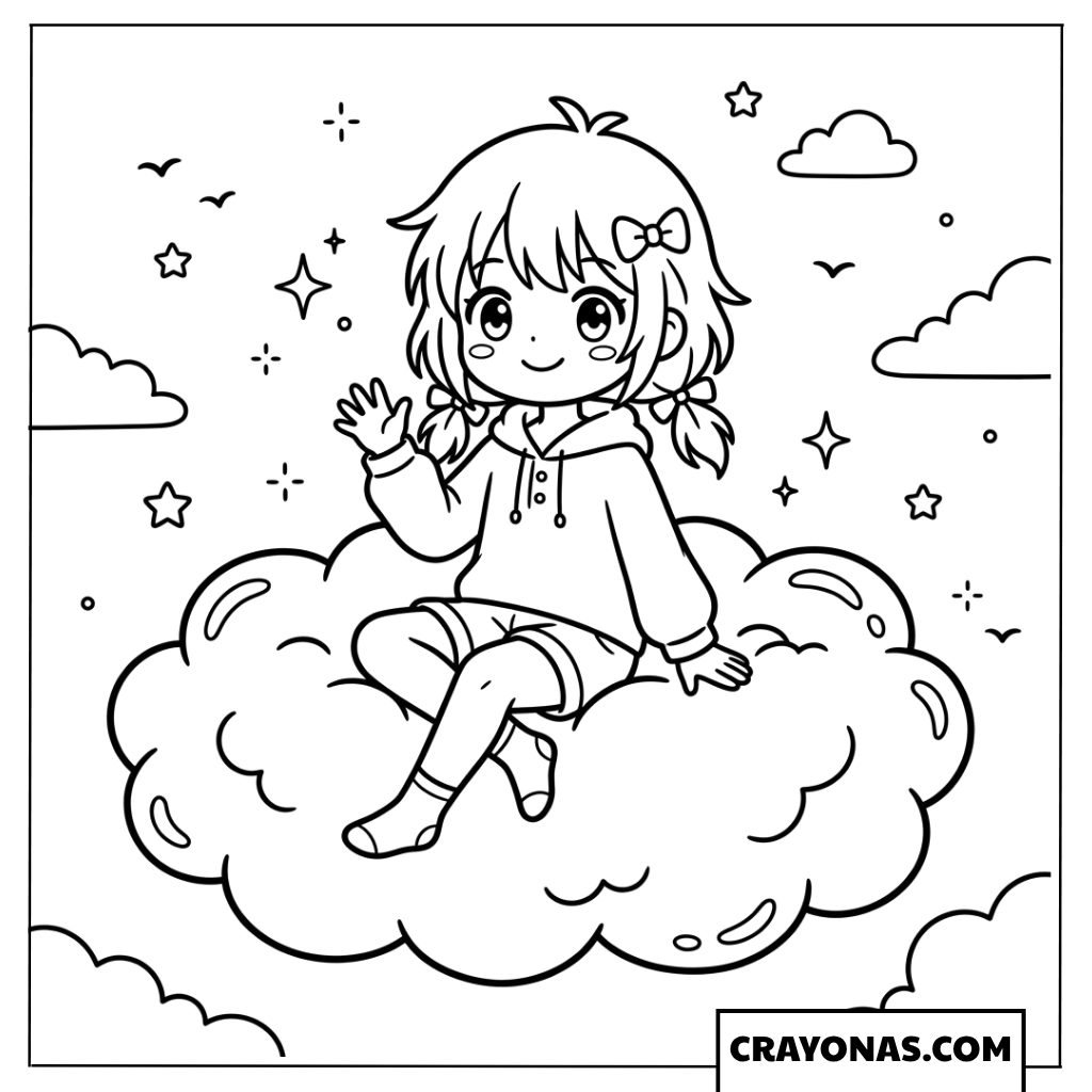 Anime Girl Sitting on Cloud Coloring Page