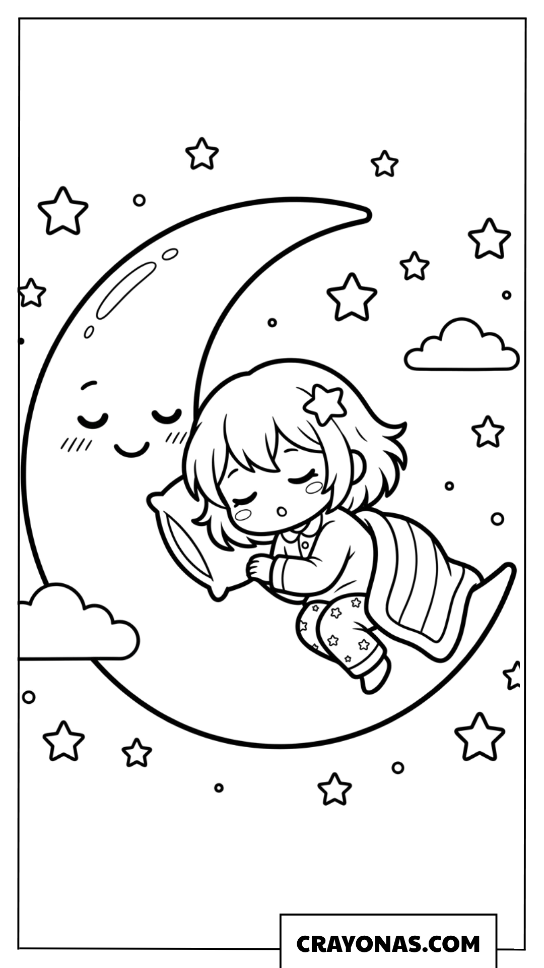 Anime Girl Sleeping on Moon Coloring Page