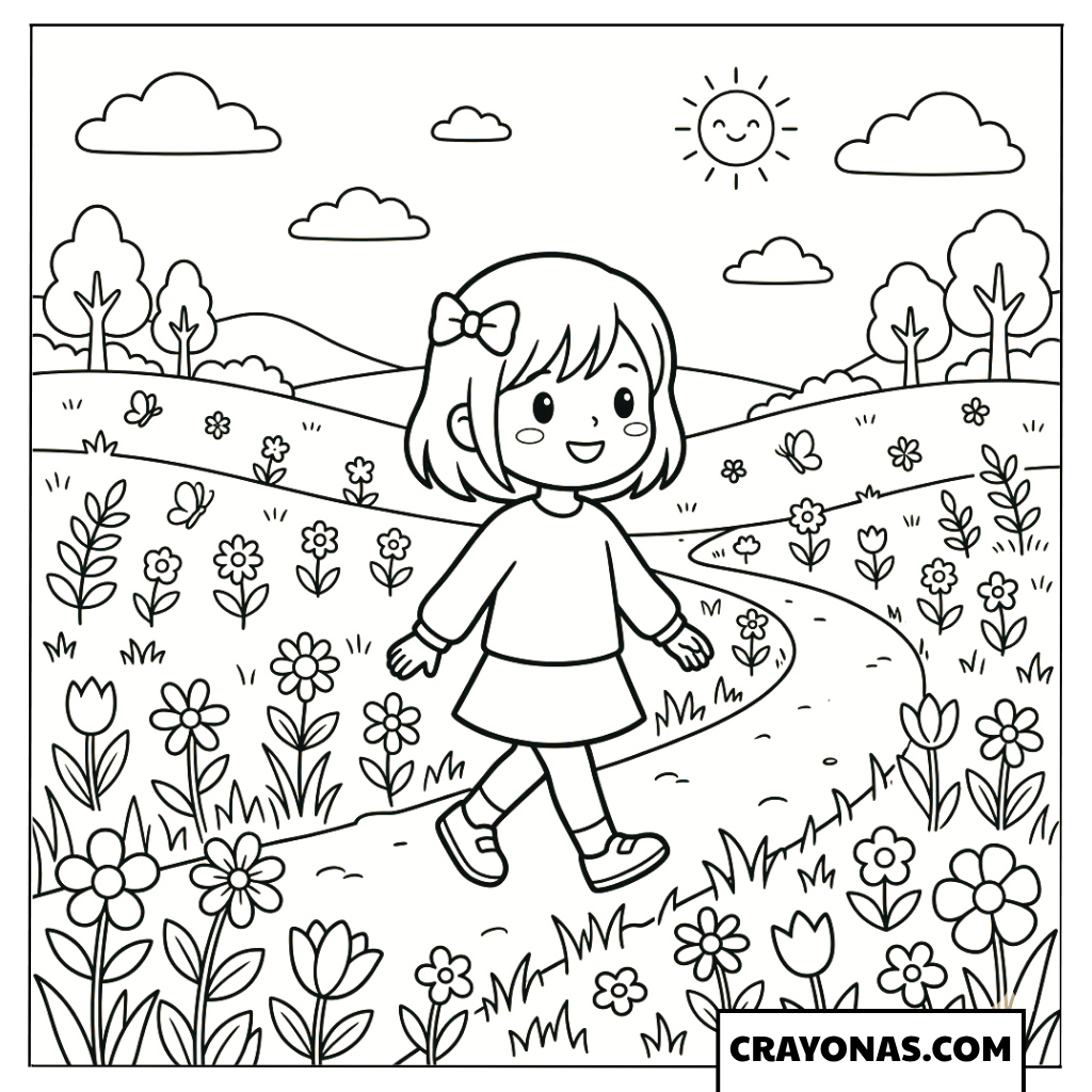 Anime Girl Walking in Flower Field Coloring Page
