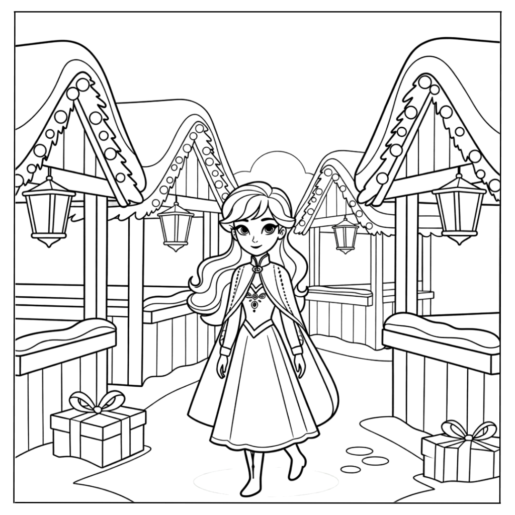Anna Walking Through the Winter Village Coloring Page
