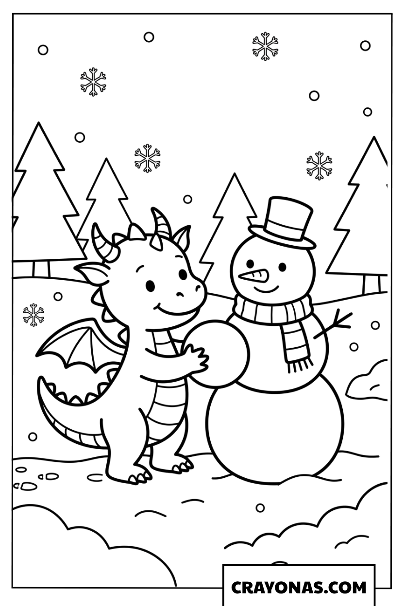 Baby Dragon Building Snowman Coloring Page