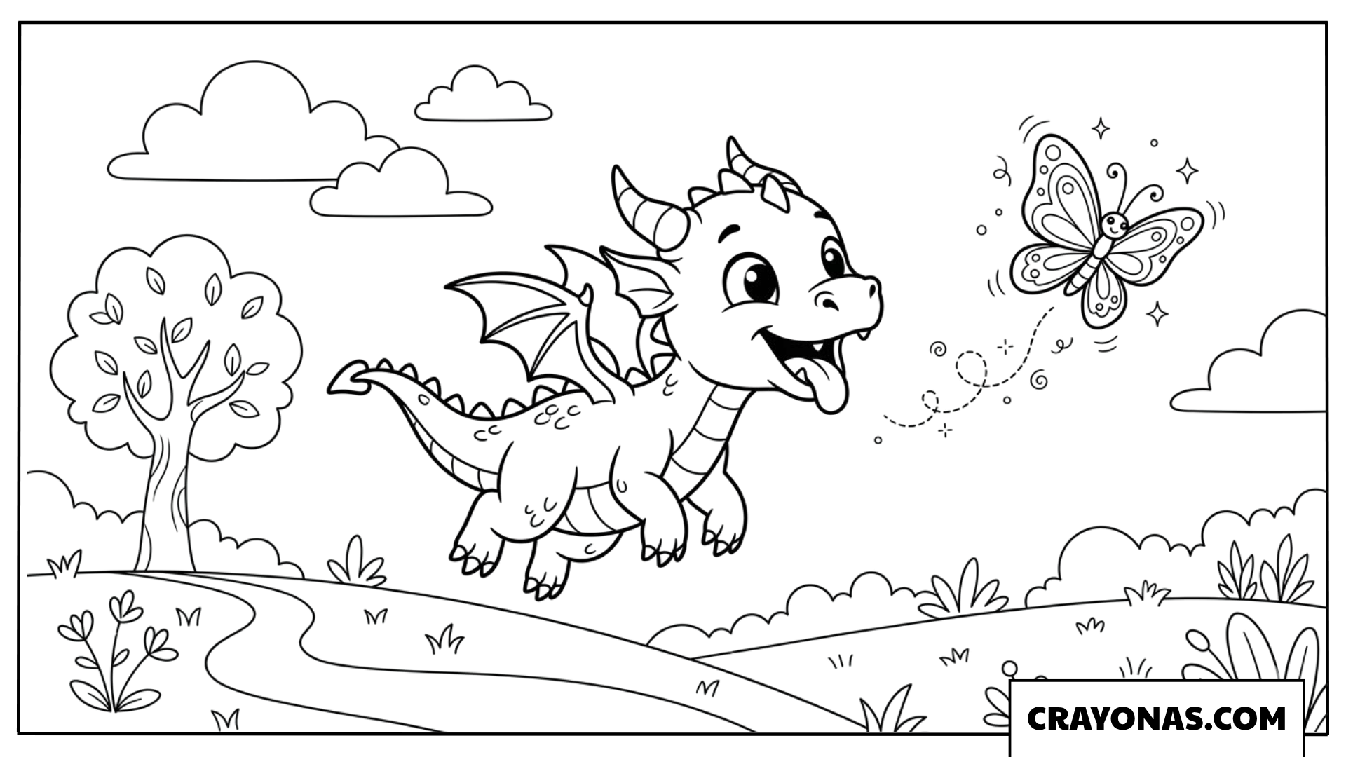 Baby Dragon Chasing Butterfly Coloring Page