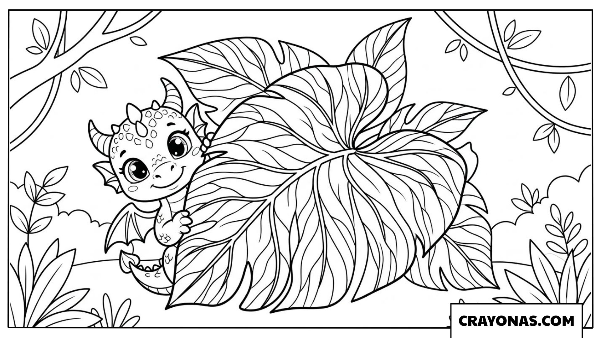 Baby Dragon Hiding Behind Leaf Coloring Page