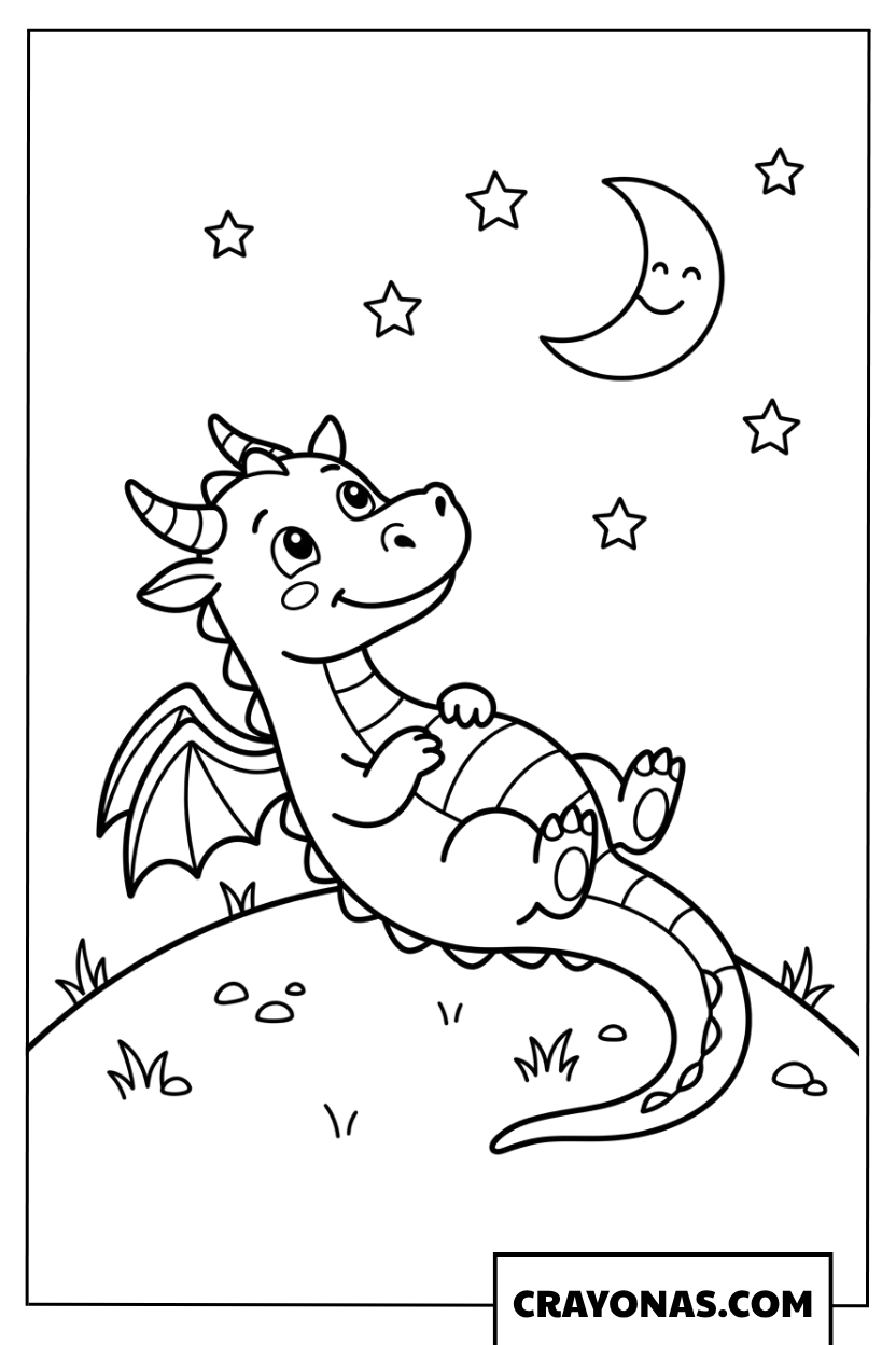 Baby Dragon Looking at the Moon and Stars Coloring Page