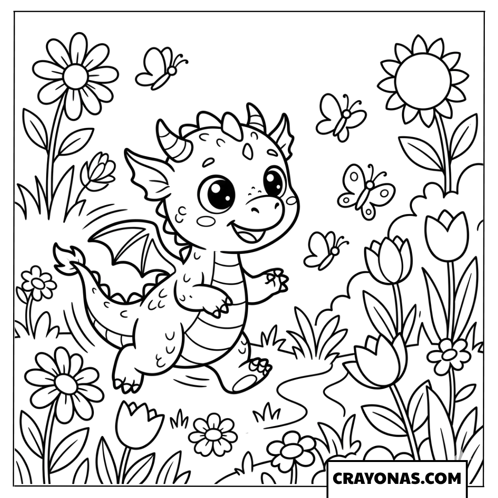 Baby Dragon Playing in Flower Garden Coloring Page