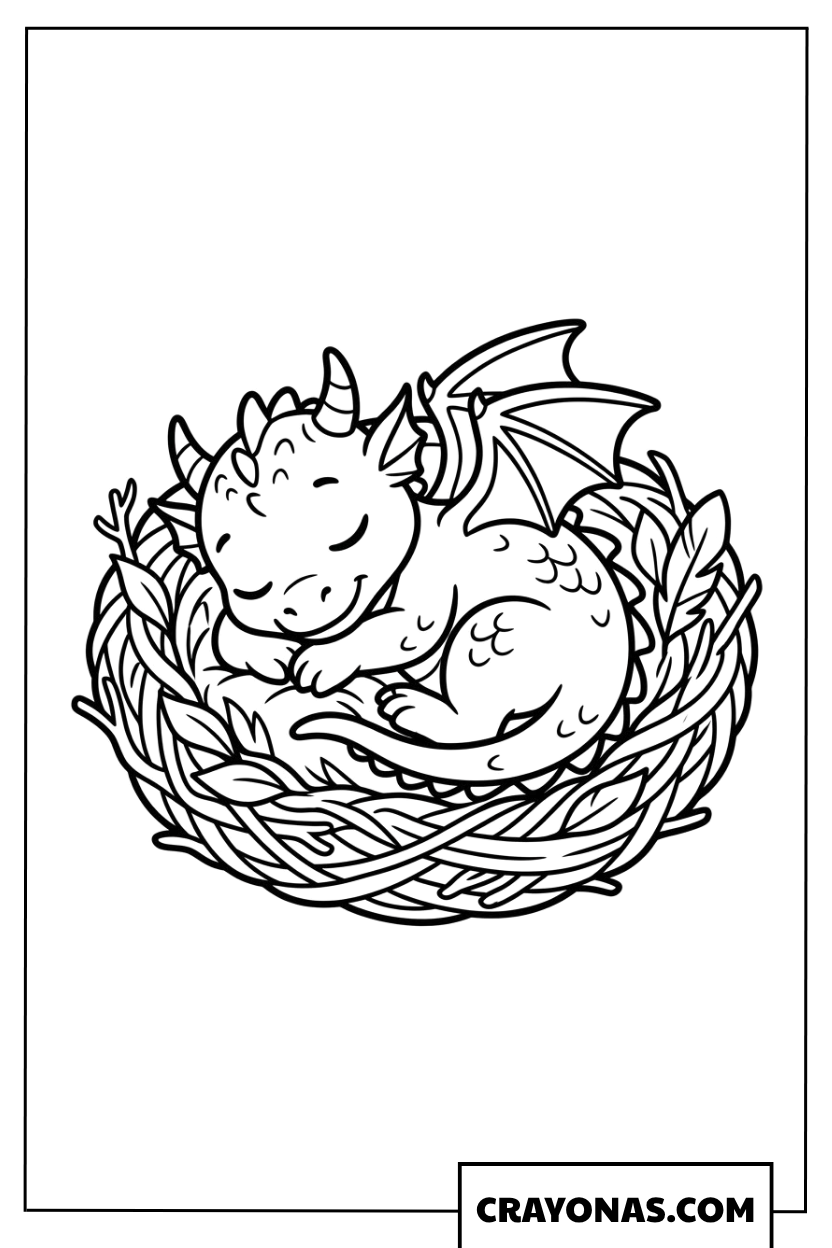 Baby Dragon Sleeping in Nest Coloring Page
