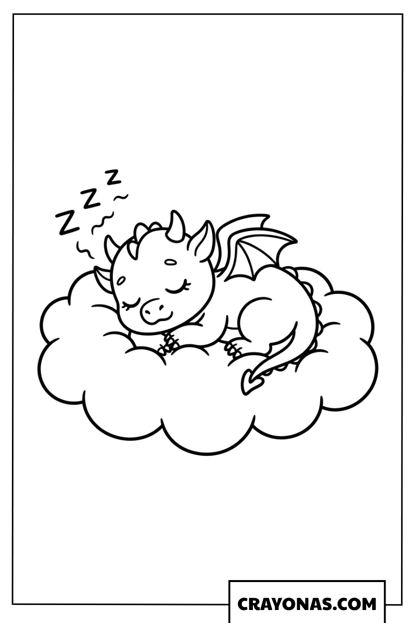 Baby Dragon Sleeping on Cloud Coloring Page
