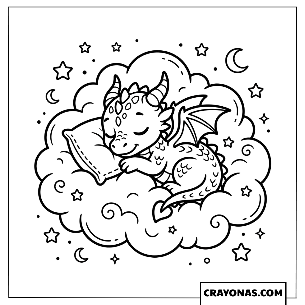 Baby Dragon Sleeping on Cloud Coloring Page