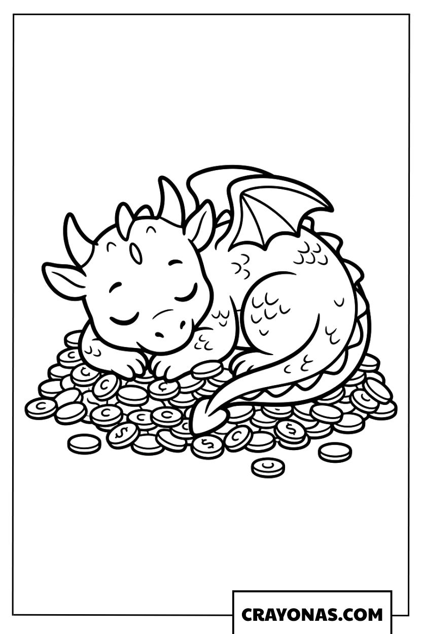 Baby Dragon Sleeping on Treasure Coloring Page