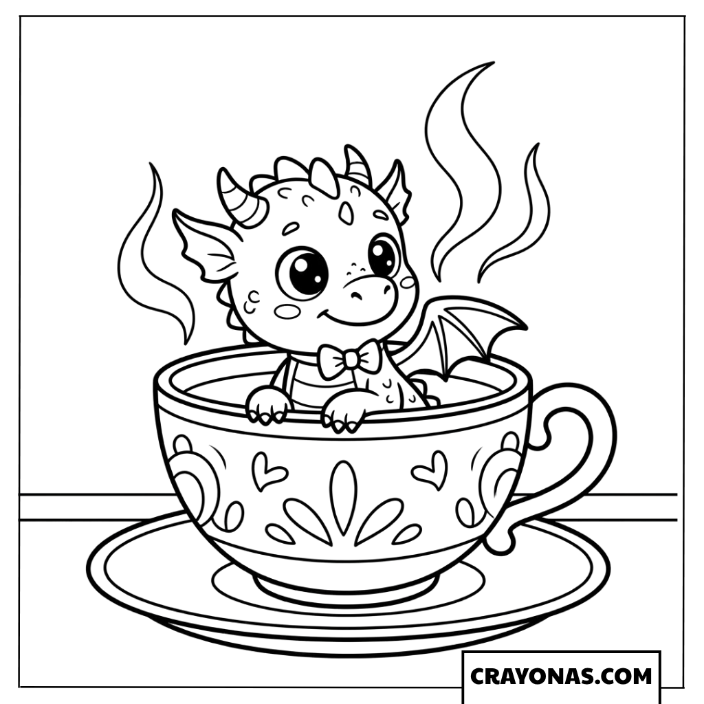 Baby Dragon in Teacup Coloring Page