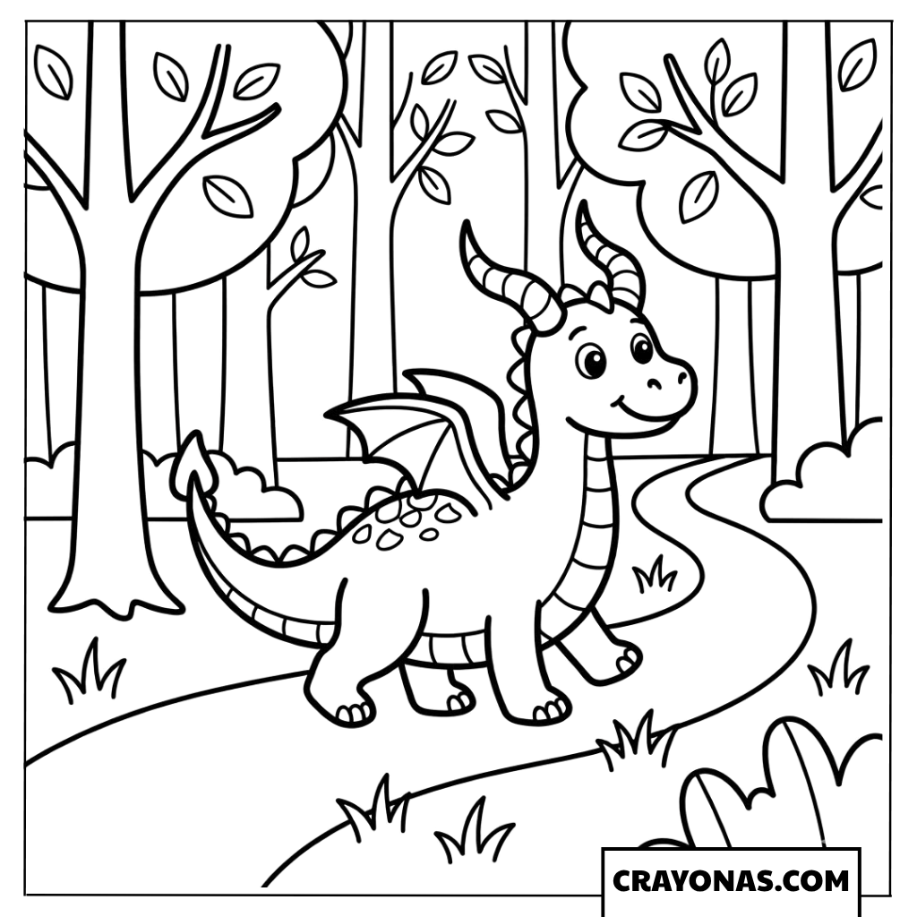 Baby Dragon in the Forest Coloring Page