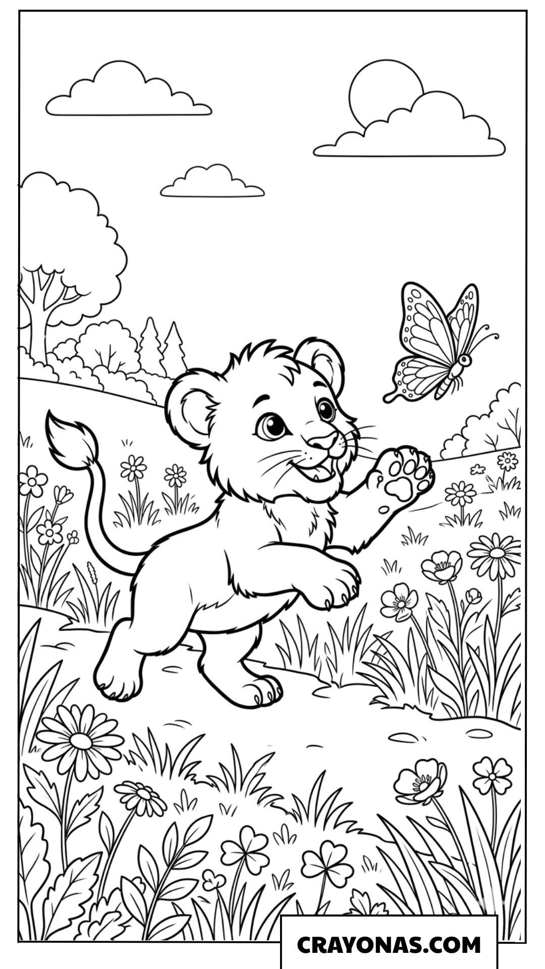 Baby Lion Chasing Butterfly Coloring Page