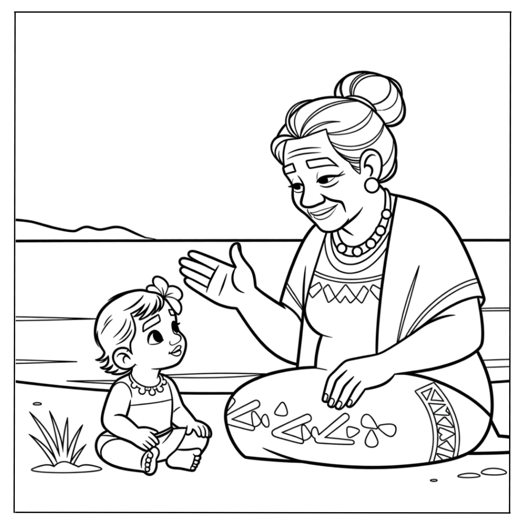 Baby Moana Listening to Grandma’s Stories Coloring Page