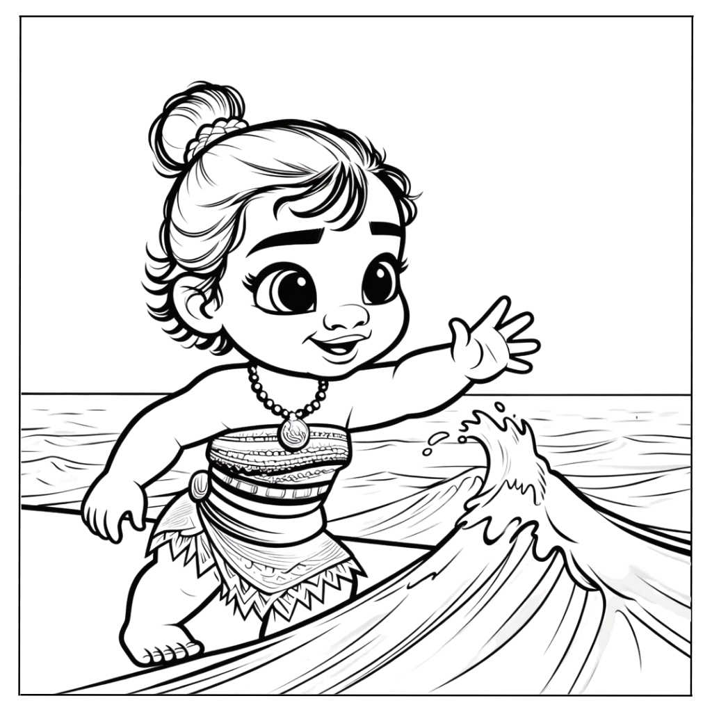 Baby Moana Meeting the Ocean Wave Coloring Page