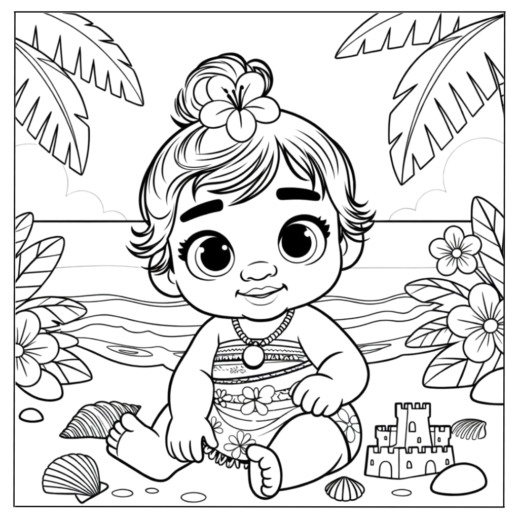Baby Moana Playing on the Beach Coloring Page