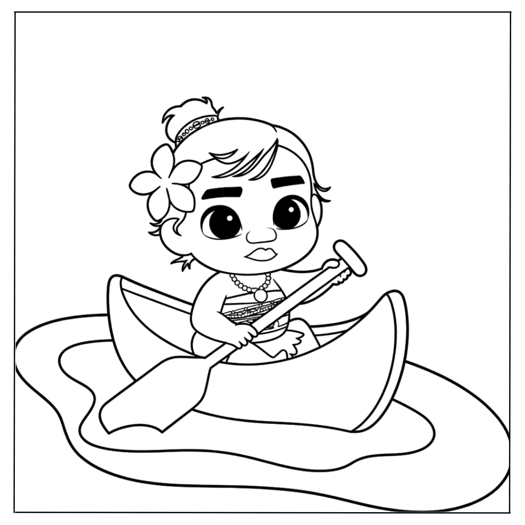 Baby Moana in a Tiny Canoe Coloring Page