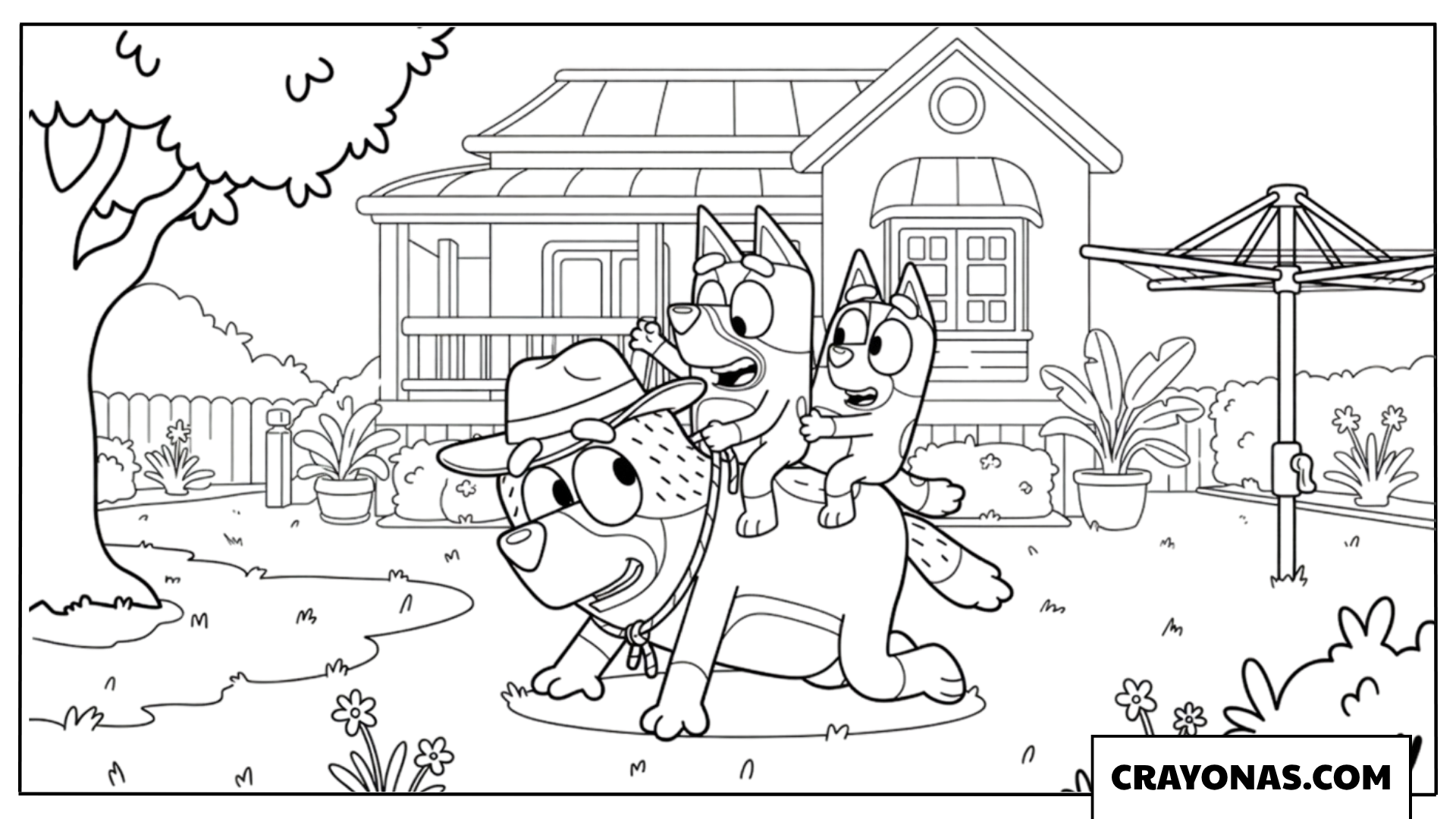 Bandit plays the horse riding game Bluey and Bingo Coloring Page