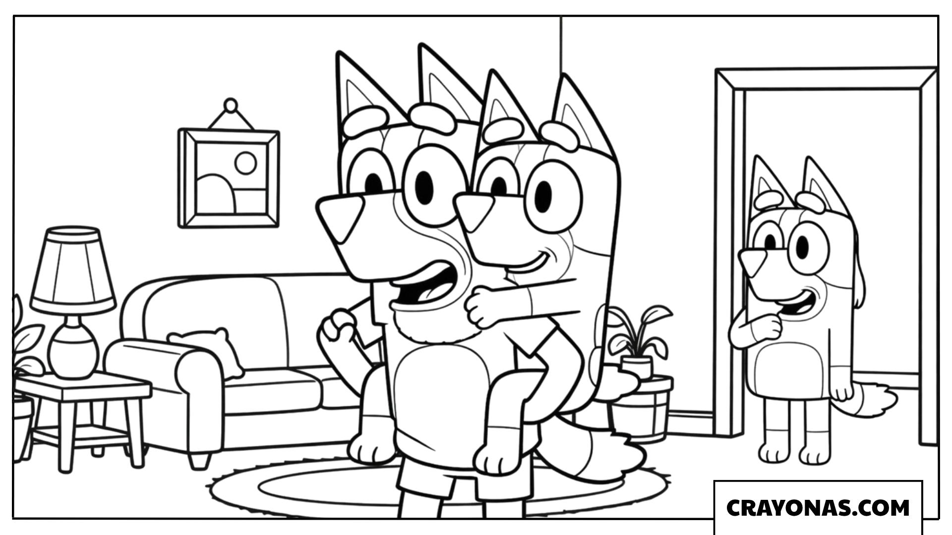 Chilli Watching Bandit and Bluey Hug Coloring Page