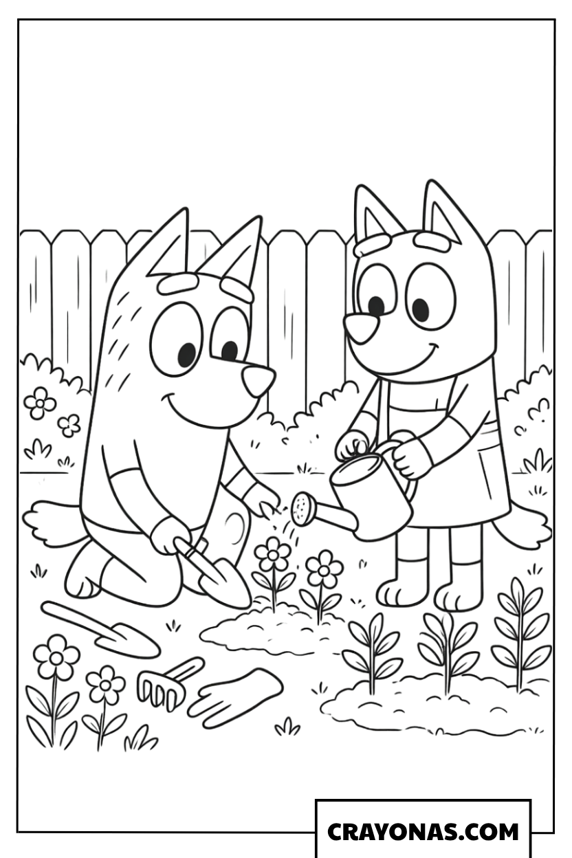 Bandit and Chilli Gardening Coloring Page
