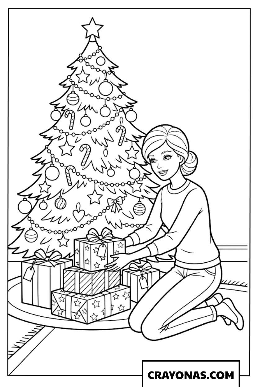 Barbie Arranging Gifts Under Tree Coloring Page
