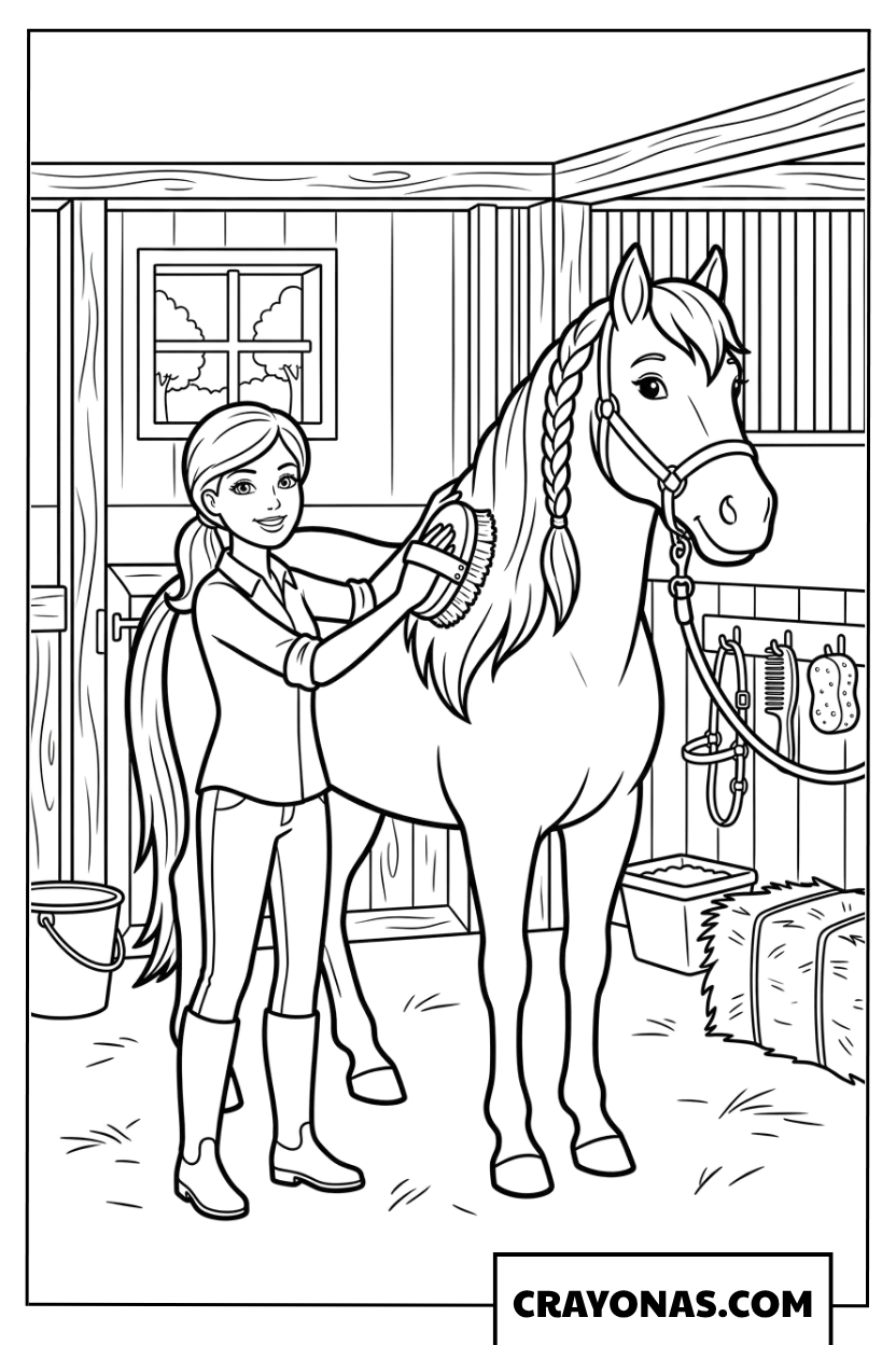 Barbie Brushing Horse Coloring Page