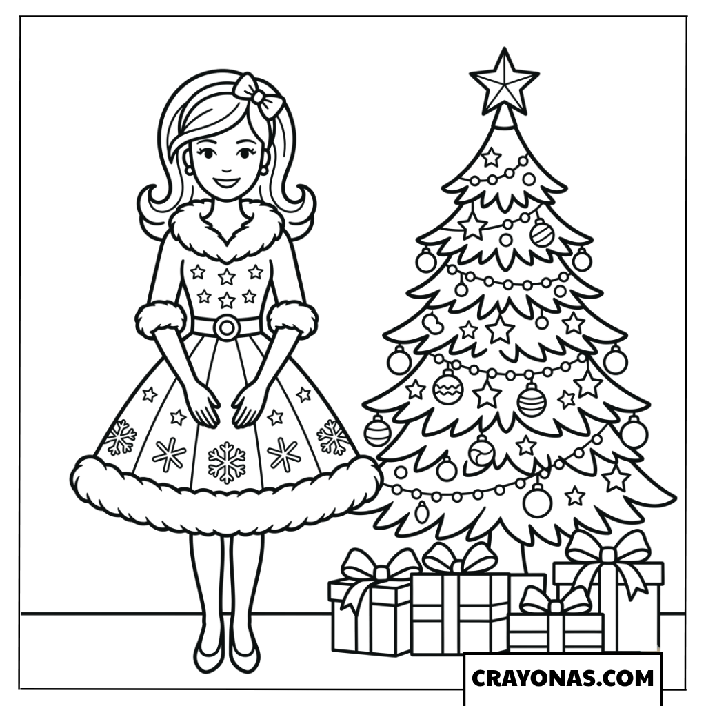 Barbie Christmas Tree and Gifts Coloring Page