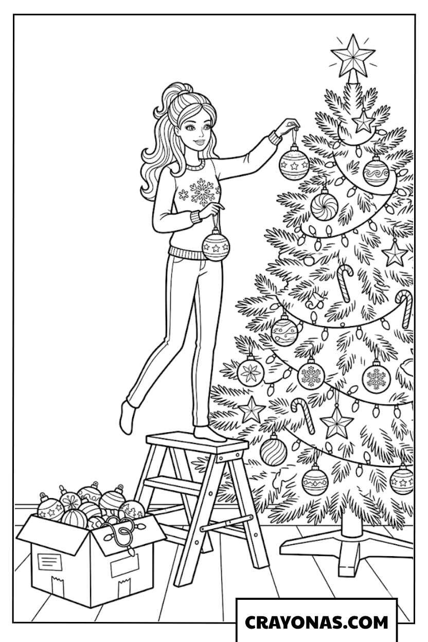 Barbie Decorating Christmas Tree with Ornaments Coloring Page