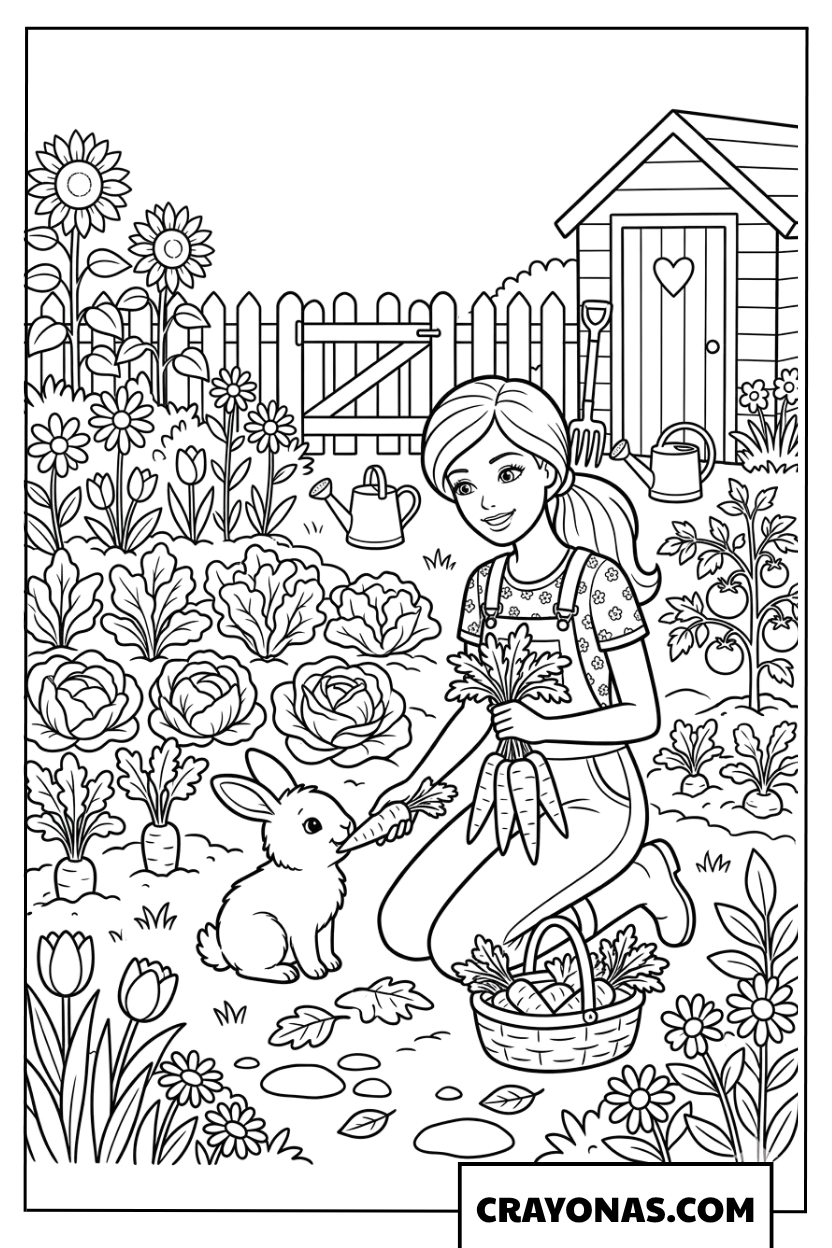 Barbie Feeding Rabbit Coloring Page
