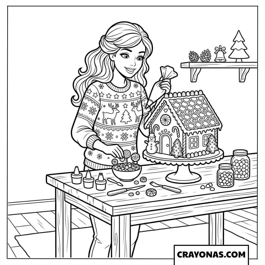 Barbie Gingerbread House Decorating Coloring Page