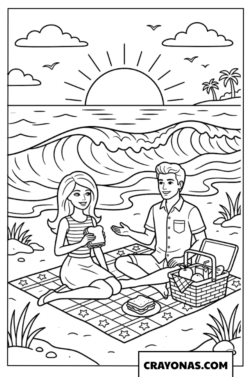 Barbie & Ken Beach Picnic Coloring Page