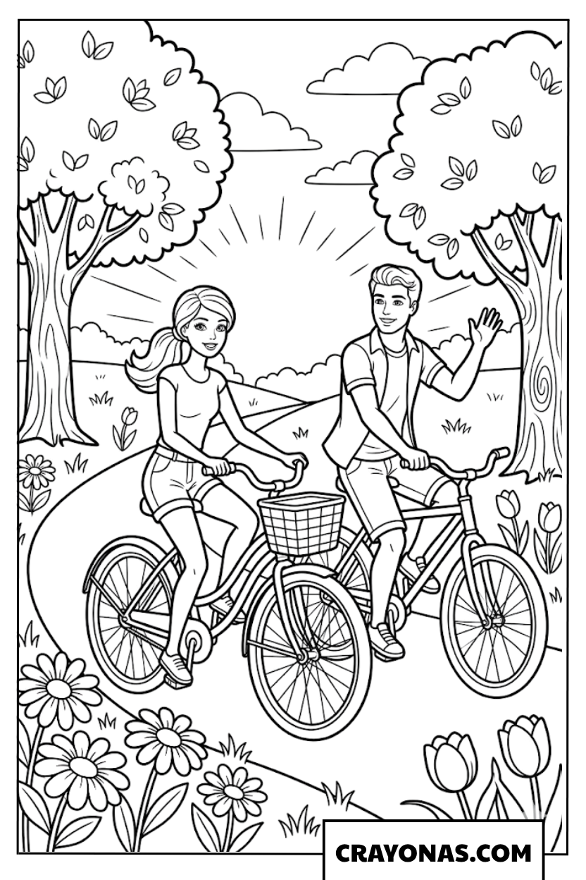Barbie & Ken Bicycle Ride Coloring Page