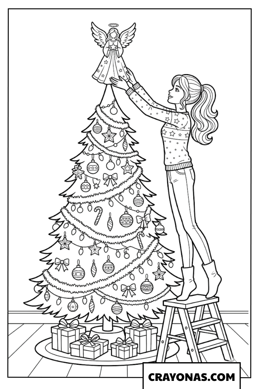 Barbie Placing Angel on Christmas Tree Coloring Page