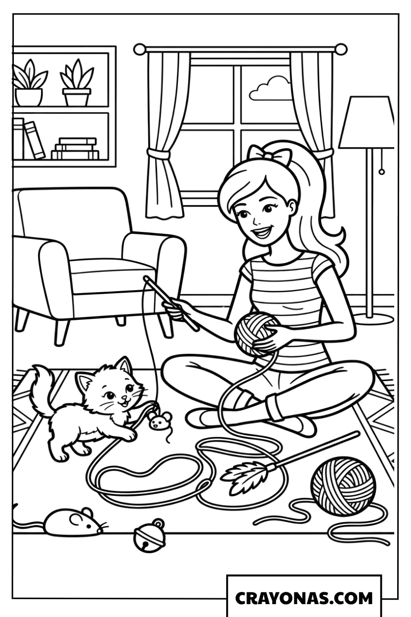 Barbie Playing Kitten Coloring Page