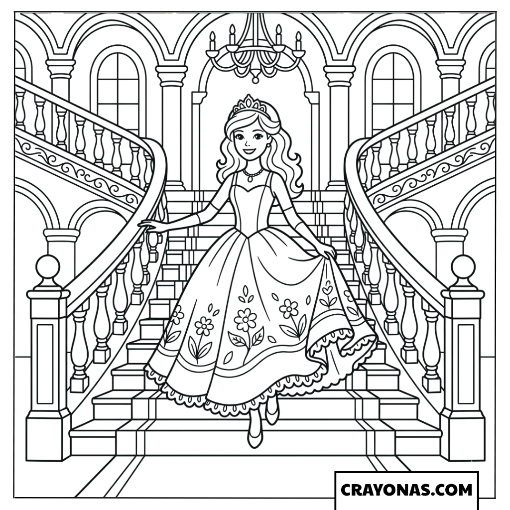 Barbie Princess Fashion on Grand Staircase Coloring Page