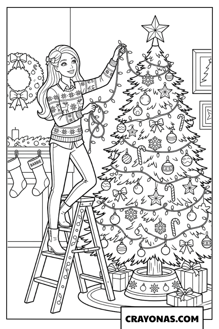 Barbie Putting Lights on Christmas Tree Coloring Page