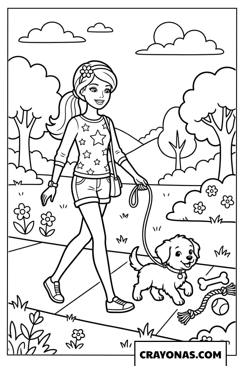 Barbie Walking Dog Coloring Page
