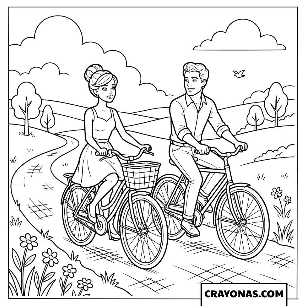 Barbie and Ken Bicycle Ride Coloring Page